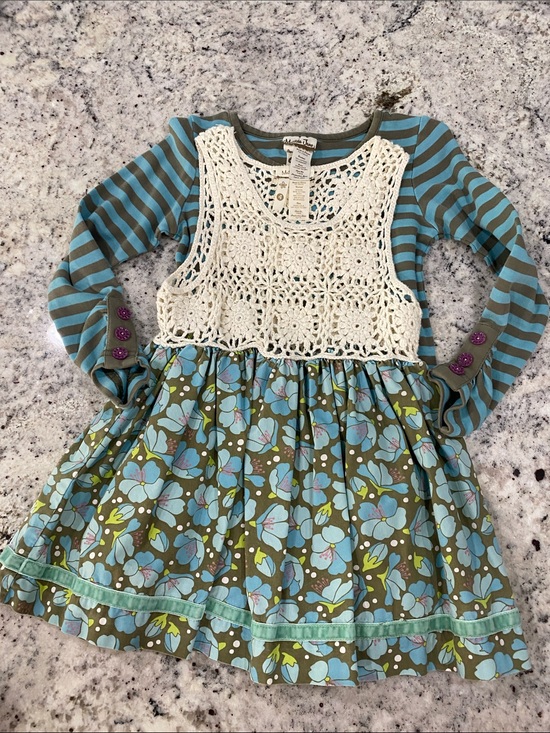 Matilda Jane Other - Matilda Jane Olive & Turquoise Floral Dress with Cream Crochet Bib